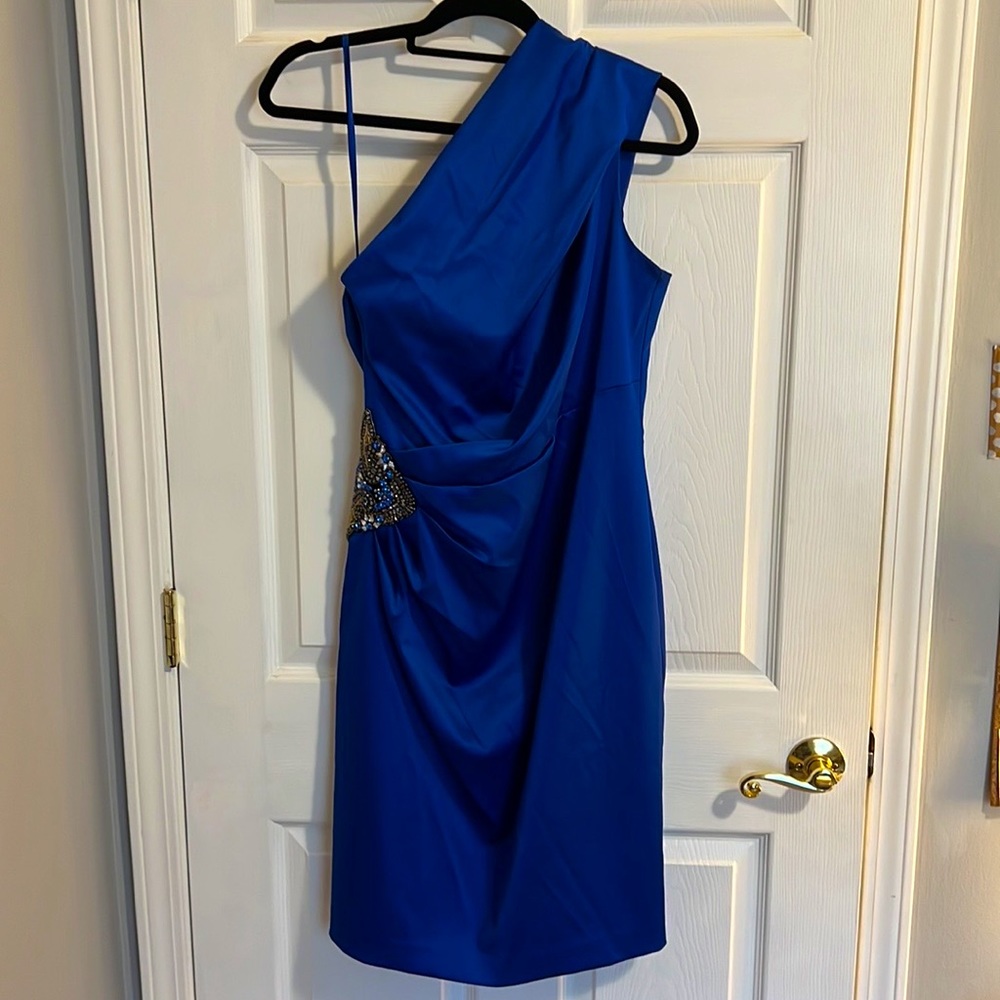 Royal blue one shoulder cocktail dress with beaded detail on hip ruching